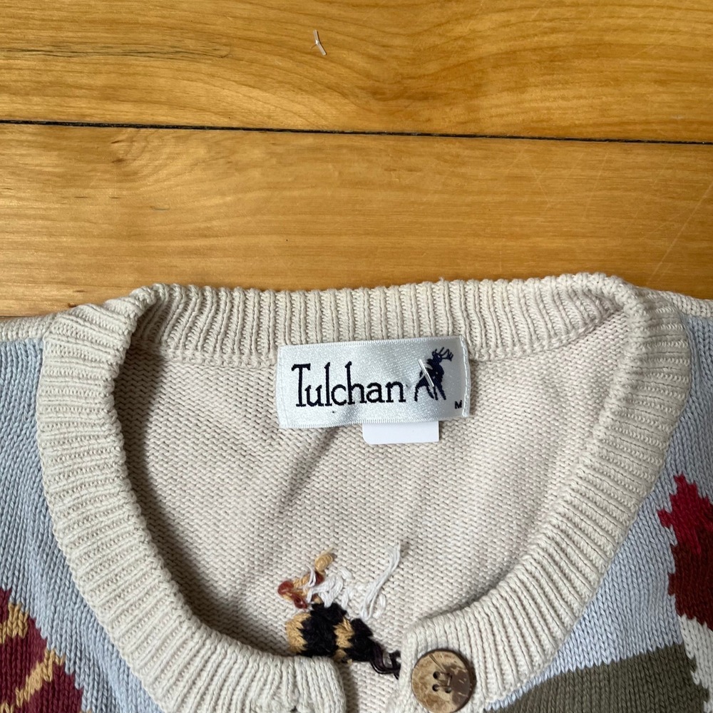 Vintage Tulchan Novelty Cardigan Sweater Cream Multicolor Medium - Picture 2 of 5